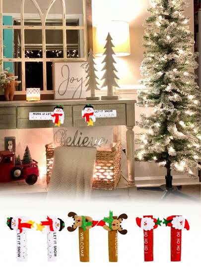 2pcs Christmas Cabinet Door Handle Decorations, Santa Claus/Elk/Snowman Patterns, Cabinet Door Decorations, Refrigerator Door Handle Decorations, Christmas Gifts, Scene Setting Props, Atmosphere Creating Supplies, Suitable For Holiday Party And Theme Event Decoration, Home Decoration, New Year, Christmas Eve, Interior Decoration