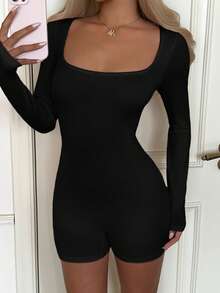 Vaiaye Women's Square Neck Solid Color Minimalist Romper - Slim Fit Long Sleeve Cropped Black - Black - View 2