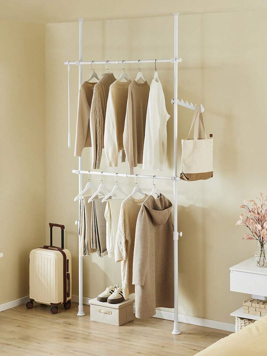 SoBuy FRG109 Telescopic Wardrobe System With 2 Clothes Rails Clothes Storage System Shelving System Clothes Rack Light Grey - White - View 1