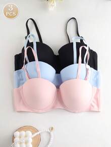 3 pezzi Reggiseni di supporto con ferretto, di colore tinta unita semplice, stile fisso comodo per le donne - Multicolore - Visualizzare 1