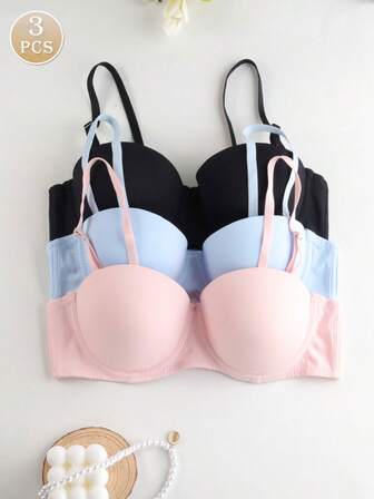 3 st. enkla enfärgade dam-bh:ar med bygel, bekväma, fasta BH:ar