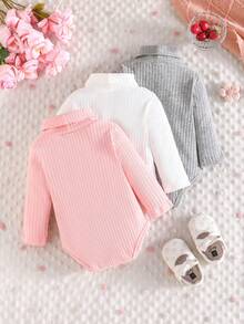 3pcs/Set Infant Baby Casual Cute Bow Ribbed Long Sleeve Bodysuit