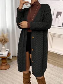 Plus Size Women's Solid Color Front Button Long Sleeve Casual Long Cardigan, Winter - Black - View 7