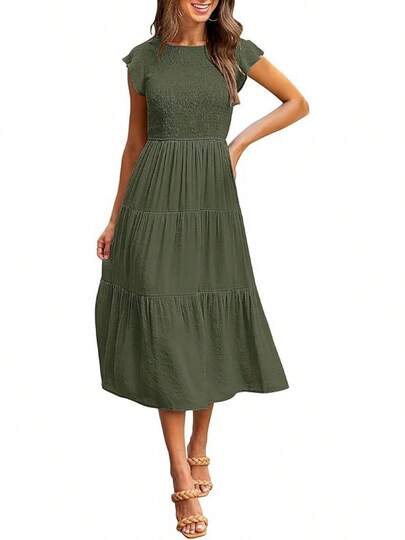 Vestidos de Mujer Elegantes Largos Casuales Maxi para Verano Moda Diaria con Manga Volante Plisado Escalonado
