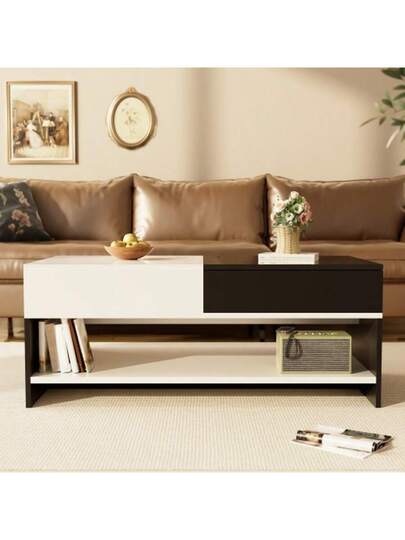 Moderne Coffee Tafel Drawers Zwart Wit Storage Space, High Gloss Tabletop, 100 Cm Long view 3