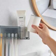 1pc Self Adhesive 5 Slots Wall Mount Toothbrush Holder With Cover For Shower, Toothpaste & Toothbrush Hanger For Bathroom, Dorm - Multicolor - View 3