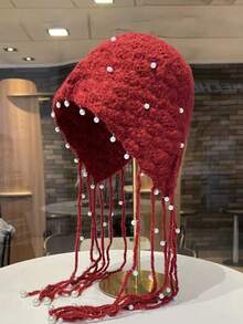 1 pieza Gorro de punto grueso hecho a mano con calado, gorro de punto con borlas cálido, accesorio de moda para mujer, adecuado para invierno, estilo bohemio, 4 de julio, conjunto madre-hija, Halloween, vacaciones