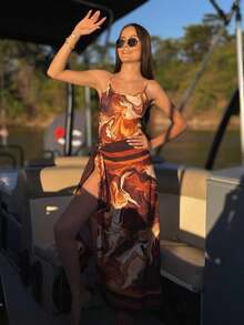 Bodysuit Swimsuit And Pareo Set Kit Premium Beach Cover-Up Bathing Suit Bodysuit - 棕色大理石紋印花 - 查看 10