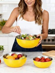 Powcan Juego de tazones de acero inoxidable para mezclar, 3 piezas encajables para cocinar, hornear, preparar ensaladas y preparar comidas | Diseño apilable, fácil de limpiar, duradero y versátil para la cocina. - Conjunto de 3 piezas amarillo - Ver 8