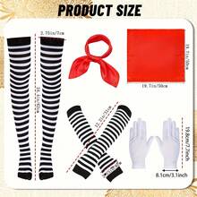 9pcs Women's French Pantomime Performer Outfit And Accessories Set - Party Style Polyester Fiber Pantomime Costume, Equipped With A Beret, Adjustable Red Straps, Striped Arm Sleeves, High Socks, Scarf And White Gloves, Suitable For Halloween Costume