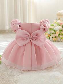 Vestito da damigella d'onore per bambine con collo rotondo, schiena in rete con fiocco, motivo floreale carino, adatto per feste di 1° compleanno, matrimoni, uscite, non include fascia per capelli