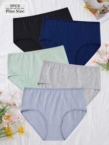 5pcs/Pack Women Plus Size Solid Color High Elastic Cotton Briefs - Multicolor - View 1