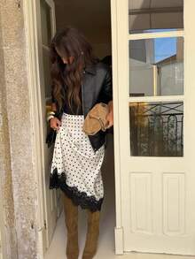 Women Satin Lace Trim Midi Skirt Polka Dot Print High Waist Long A-Line Skirts Vintage Silk Going Out Dress Y2k Streetwear Party Clubwear - 白色 - 查看 3