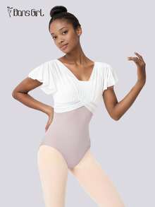 DonsGirl 1 件女式芭蕾舞紧身衣，2 合 1 吊带飘袖紧身衣，体操运动服，舞蹈表演服装 - 淺灰紫 - 查看 7