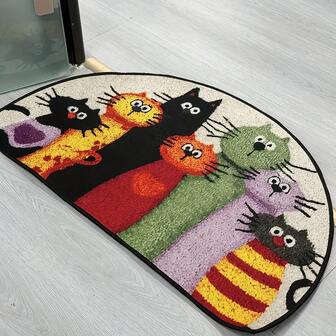 1pc Colorful Cartoon Cat Print Semi-Circle Crystal Velvet Doormat, Suitable For Indoor And Outdoor Use, Can Be Used For Entrance, Bedroom, Garden, Floor Decoration, Humorous Cat Design, Durable And Machine Washable, Great Gift For Cat Lovers