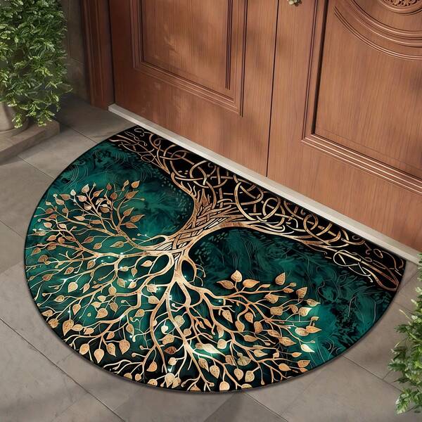 1pc Elegant Dark Green & Gold Tree Pattern Semi-Circle Doormat, Suitable For Indoor And Outdoor Use All Seasons - Great For Entryway, Kitchen, Balcony, Bedroom, Laundry Room - Durable Machine Washable Rug With Tree Design Decor, Perfect For Housewarming, Thanksgiving, And Christmas Gifts!