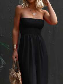 Womens Strapless Smocked Wide Leg Jumpsuit Sleeveless Casual Summer Chiffon Romper With Pockets - 黑色 - 查看 4