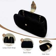 Women's Vintage Black Suede Clutch Bag, Gold Leaf Accent Evening Bag, Elegant Chain Crossbody Purse, Formal Party/Wedding/Prom Accessory, Niche Design, Multi-Way Carrying, Fashionable & Luxurious, Must-Have Evening Essential For Fashionistas - 黑色 - 查看 4