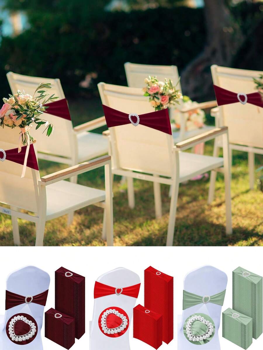 10/50 件 14*35 厘米蝴蝶结椅背套，带心形扣滑块，弹性椅套带绑带，适用于婚礼、派对、洗礼、情人节装饰（鼠尾草绿/红色/勃艮第红/古金色） - 彩色 - 查看 1