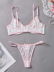 Lingerie Style Ladies' Romantic And Sexy Pink Bowknot Floral Sheer Lingerie Set - 白色 - 查看 3
