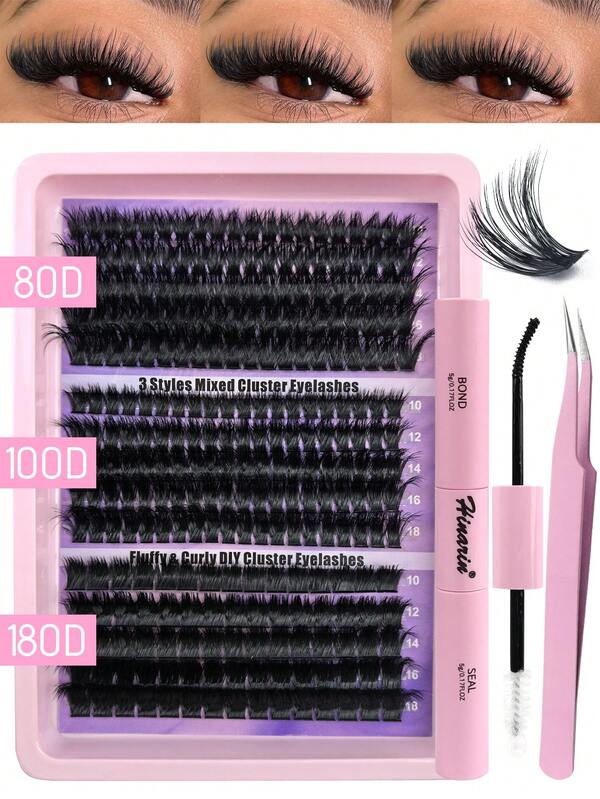 Hinarin 275 pièces Kit de cils en grappe frisés D, texture douce et moelleuse, cils individuels épais et volumineux 80D+100D+180D de 10 à 18 mm, mélange de cils individuels effilés, extensions de cils russes, set imperméable d'individus de cils avec colle et pinces pour débutants, maquillage quotidien