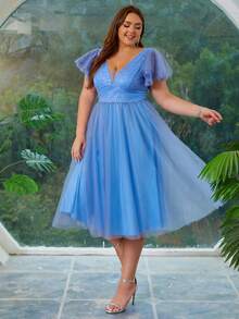 Damskie sukienki plus size z cekinami i siateczką, eleganckie, patchworkowe, na imprezę, balowe, półformalne sukienki koktajlowe dla gości weselnych - Królewski Niebieski - Zobacz 3