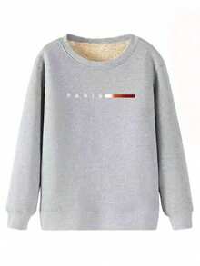 Men's Fashionable Casual Round Neck Warm Lining Sports Fitness Long Sleeve Top, Paris Letter Graphic Print Pullover Fleece Sweatshirt, Autumn/Winter Series, Suitable For Travel And Daily Wear - Light Grey - View 4