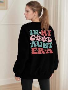 Crew Neck Hoodie, Simple Solid HoodieWomens Auntie Sweatshirt Oversized In My Cool Aunts Era Crewneck Sweatshirts Letter Print Long Sleeve Pullover Top - 白色 - 查看 6
