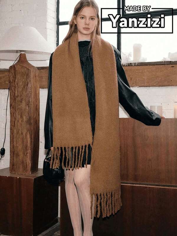 1pc Women Furry Tassel Scarf Shawl, Warm & Comfy For Outdoor & Everyday Wear, Autumn/Winter