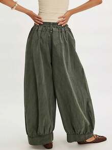 Women's Casual Cotton Linen Baggy Pants With Drawstring Elastic Waist Relax Fit Lantern Trouser With Pockets Daily Streetwear - màu xanh lá - Xem 2