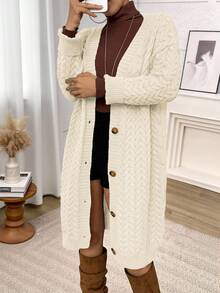 Plus Size Winter Casual Button-Up Long Knit Cardigan - Beige - View 7