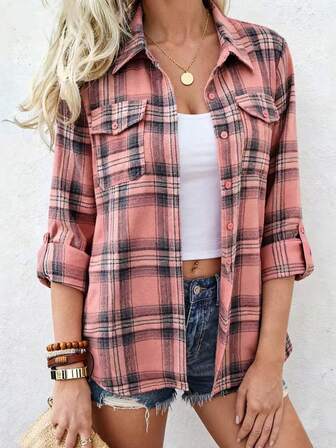 女士春季拉绒格子口袋袖口涤纶休闲外出周末学院风通勤度假翻领衬衫