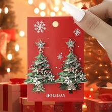 Pendientes de árbol de Navidad para mujer, exquisitos pendientes colgantes con diamantes de imitación. - Verde - Ver 8