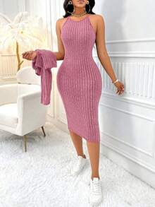 大码女式粉色罗纹针织中长连衣裙和短款开衫套装 - 玫紅色 - 查看 8