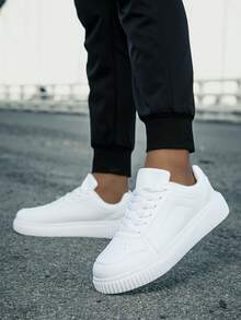 男女通用休闲鞋，尺码 36-45，系带软底平底舒适男士运动鞋，轻便低帮日常鞋，拼色圆头系带滑板鞋，男士休闲运动鞋 - 白色 - 查看 5