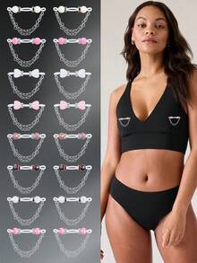 CIZME 1 对可爱仿珍珠乳环非穿孔乳头环适用于女性，假乳头环带心形链假乳头环可调节假乳头环