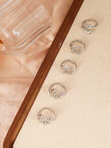 5 件套创意水滴设计可叠戴几何戒指，女士日常、约会、派对配饰，节日礼物 - 銀色 - 查看 3