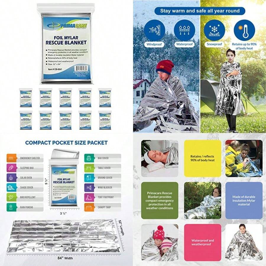Primacare HB-10 Manta térmica de emergencia de Mylar (paquete de 10), 52 pulgadas de largo x 84 pulgadas de ancho(52" L x 84" W Paquete de 10) - Tipo 1 - Ver 1