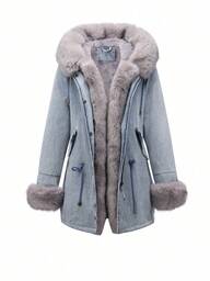 Giacca di jeans da donna Risissida con colletto in pelliccia e tasche, adatta per l'autunno/inverno e per l'uso quotidiano