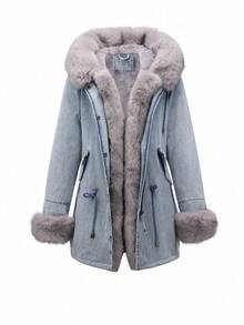 Damen Denim Jacke mit Fellkragen und Taschen für Herbst/Winter Pendeln von Risissida - Graue Haare - Übersicht 1