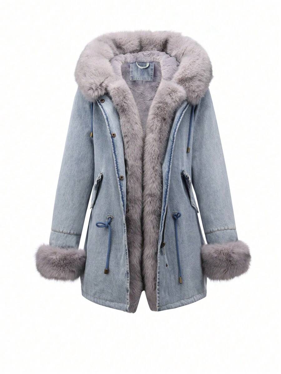 Damen Denim Jacke mit Fellkragen und Taschen für Herbst/Winter Pendeln von Risissida - Graue Haare - Übersicht 1