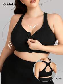 Bra Olahraga Ukuran Besar dengan Resleting Depan, Hitam, Desain Belakang Silang, Bantalan yang Dapat Dilepas, Elastisitas Tinggi, Bernapas, Menyerap Keringat, Cocok untuk Latihan di Gym dan Pakaian Kasual, Bra Yoga Bergaris Tanpa Jahitan untuk Wanita Ukuran Besar - Hitam - View 1
