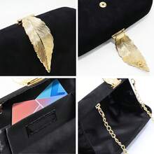 Women's Vintage Black Suede Clutch Bag, Gold Leaf Accent Evening Bag, Elegant Chain Crossbody Purse, Formal Party/Wedding/Prom Accessory, Niche Design, Multi-Way Carrying, Fashionable & Luxurious, Must-Have Evening Essential For Fashionistas - 黑色 - 查看 8