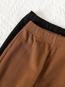 2件套女童罗纹喇叭裤，白色蝴蝶结裤脚开衩，黑色和棕色，日常必备单品 - 彩色 - 查看 4