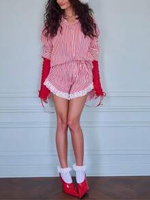 Women 2 Piece Lounge Set Striped Set Ruffle Hem Cami Tops And Stripe Boxer Shorts Set Lounge Outfit - Red - View 1