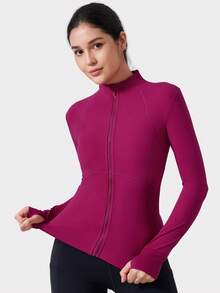 VUTRU 1 件简约修身女士运动夹克，带拇指孔，粉红色，修身，秋冬瑜伽外套 - 玫紅色 - 查看 4