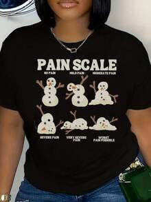 Pain Scale Snowman Print Round Neck Christmas Gift Women's T-Shirt 220g - 黑色 - 查看 1