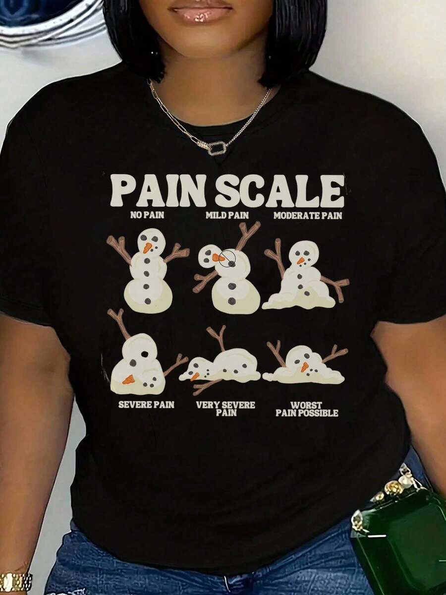 Pain Scale Snowman Print Round Neck Christmas Gift Women's T-Shirt 220g - 黑色 - 查看 1