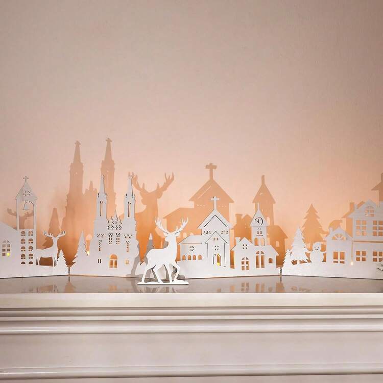 32 Inch Christmas Tabletop Decoration Wooden Christmas Themed White Church Xmas Tree And Elk Signs Farmhouse Centerpiece Decor For Home Kitchen Table Shelf Decor - Retro - View 10