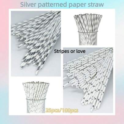 A Pack Of 25/100 Silver Series Paper Straws, With Striped/Heart-Shaped Patterns Available, Measuring 6mm/0.23in * 197mm/7.75in, Suitable For Various Occasions Such As Family Gatherings, Events, Parties, Weddings, Holiday Celebrations, Etc. The Preferred Disposable Paper Straw For Drinks Such As Milk, Coffee, Juice, Cola, Coconut Water, Etc, Valentine's Day Party, Home Decor, Home Gifts